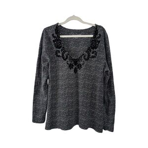 Soft Surroundings Charcoal Gray Long Sleeve Top Size Large Embroidered Accents